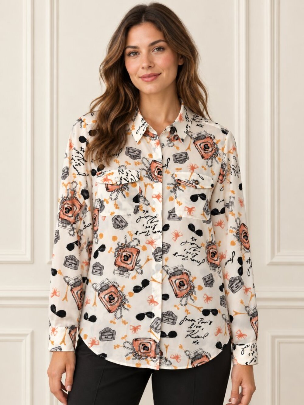 Karl Lagerfeld Paris Parisian Perfume Print Button Down Blouse Size M